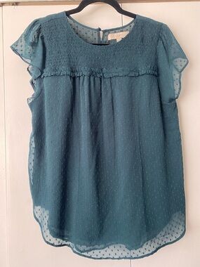 LOFT Teal Ruffled Swiss Dot Flutter Sleeve Top